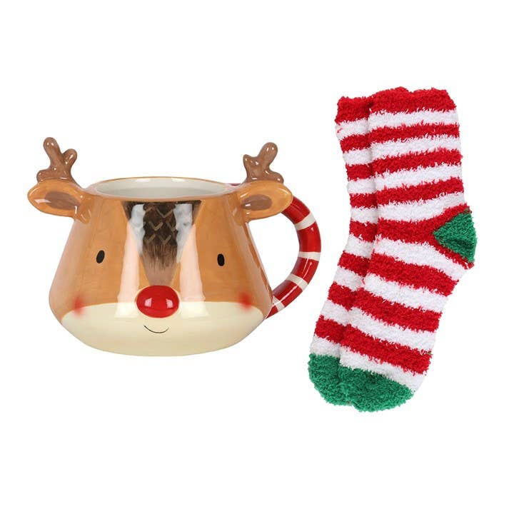 Ensemble tasse et chaussettes de Noël en forme de renne